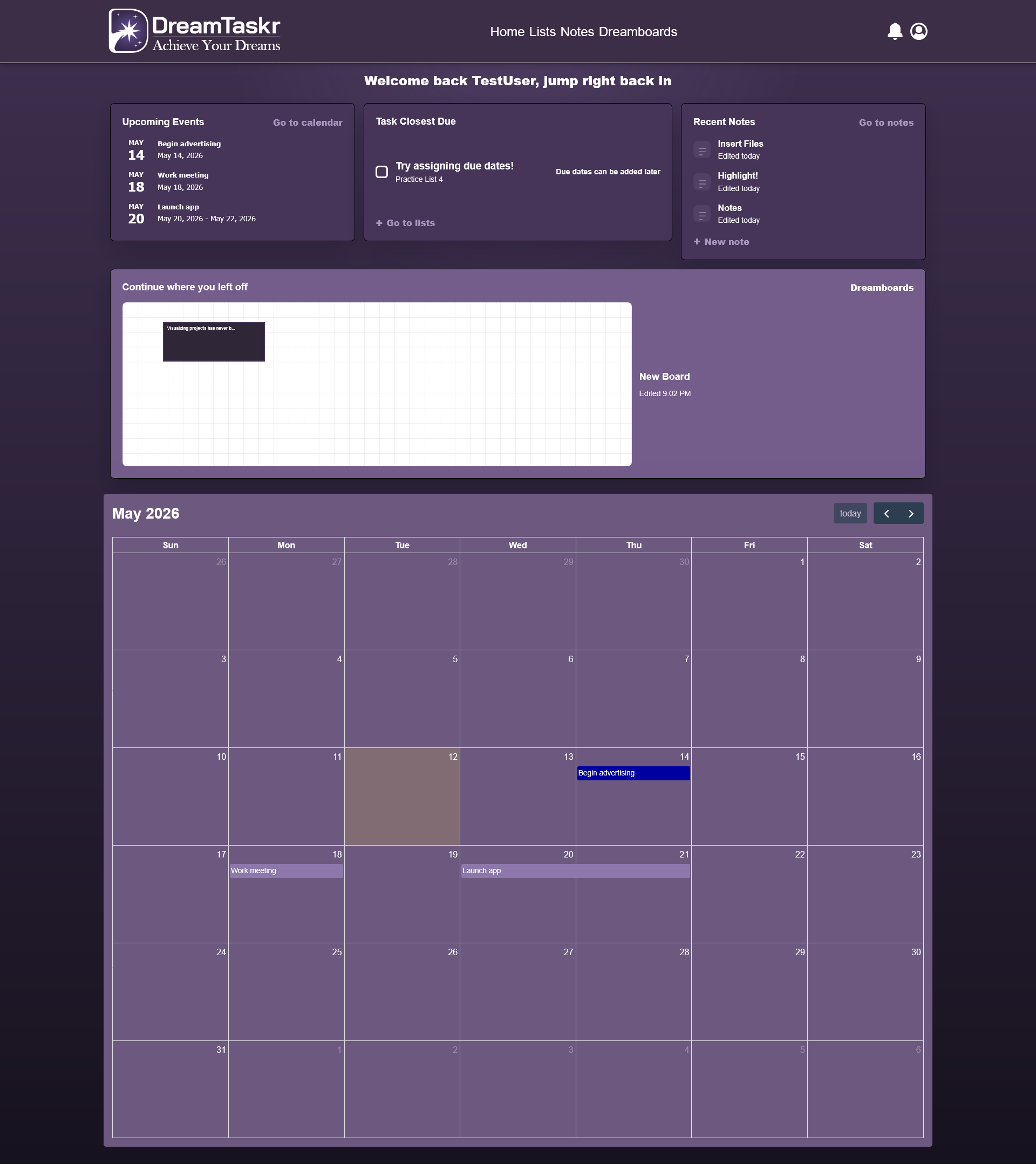 DreamTaskr home dashboard with events, notes, boards, and calendar