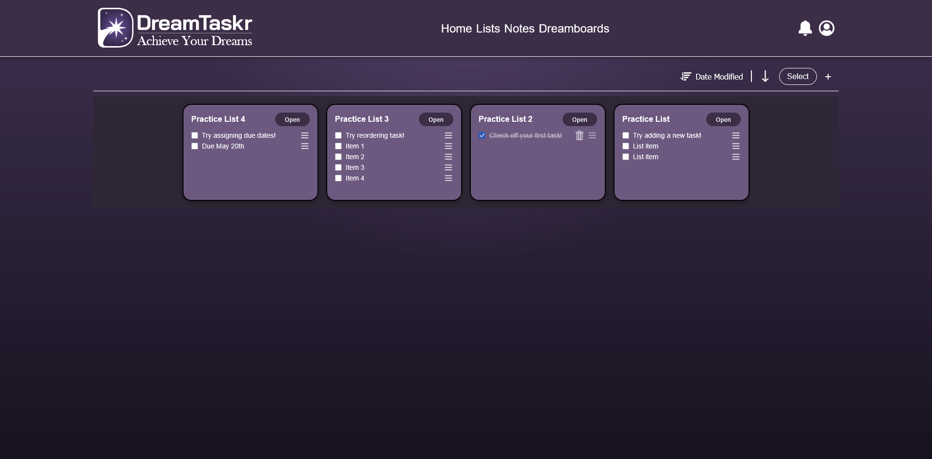 DreamTaskr to-do list cards