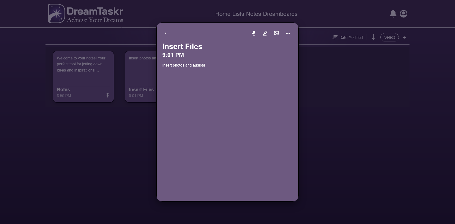DreamTaskr notes workspace with note cards