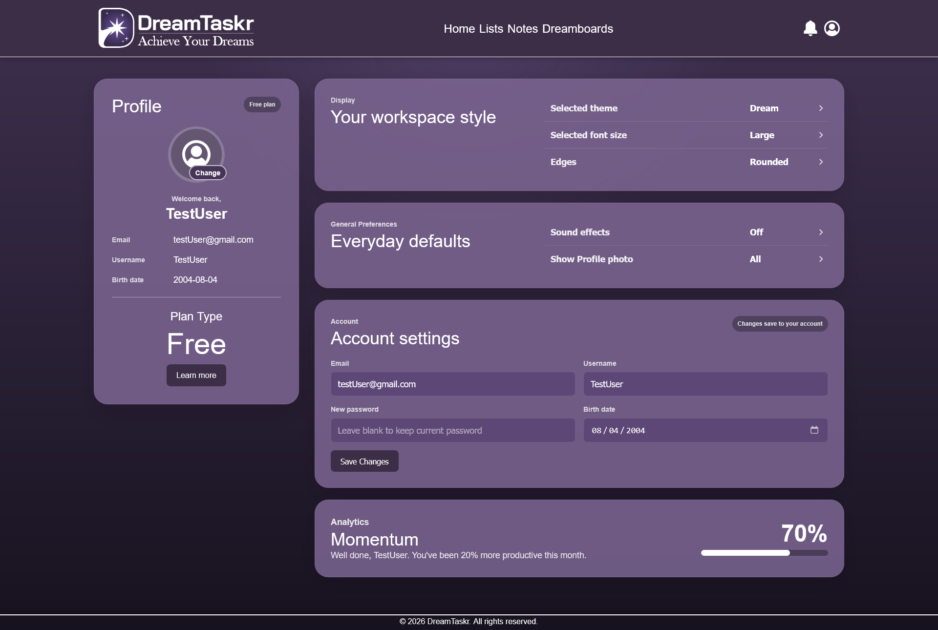 DreamTaskr profile settings and workspace preferences